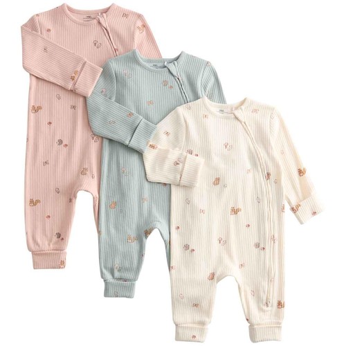M&S Girls Cotton Rich Woodland Print Sleepsuits, 6-9 M, Ivory