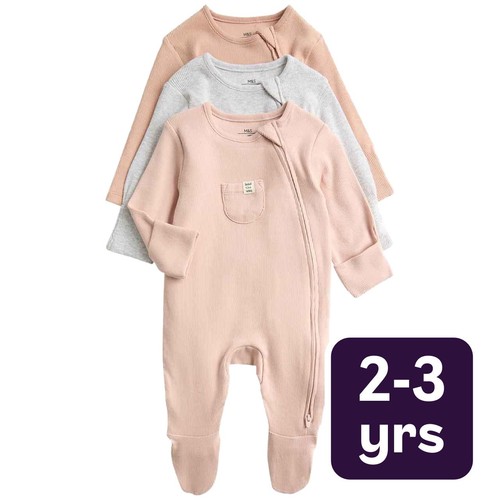 M&S Unisex Cotton Rich Ribbed Sleepsuits, 2-3 Y, Blush