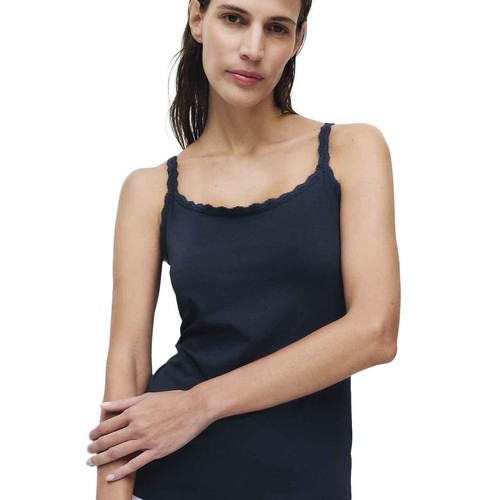 M&S Womens Cotton Rich Lace Trim Vests, Size 8, Navy Mix