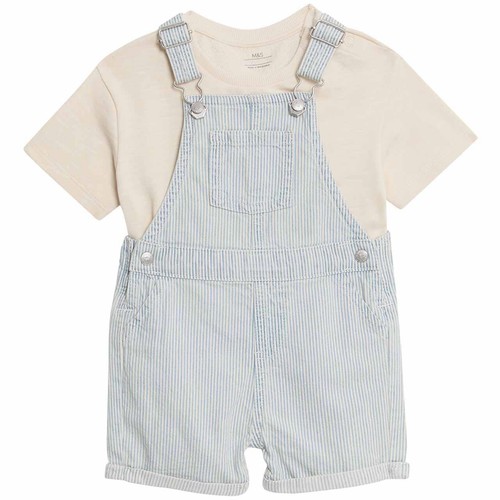 M&S Boys 2pc Pure Cotton Striped Bibshort 3-6 Months Blue Mix