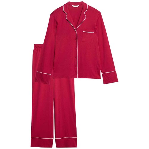 M&S Womens Cotton Modal Revere Pyjama Set, L, Red