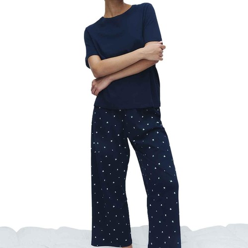 M&S Womens M&S Pure Cotton Printed Cropped Pyjama Set, XL, Navy Mix