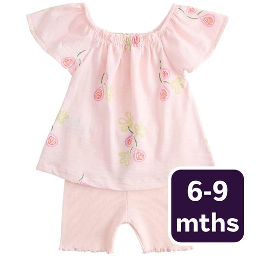 M&S Cotton Jersey Fruit Print Top and Shorts, 6-9 Months, Pink
