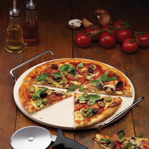 KitchenCraft World of Flavours 32cm Pizza Stone, Stand & Cutter Set