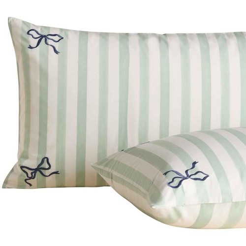 M&S Pure Cotton Bow Striped Bedding Set, King Size (5 ft), Green Mix