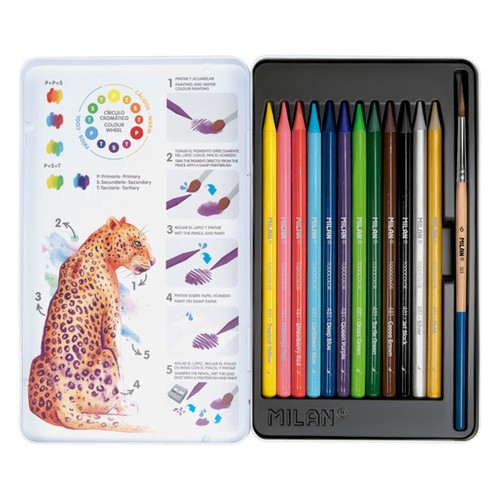 MILAN Metal box 12 woodless watersoluble colour pencils + brush