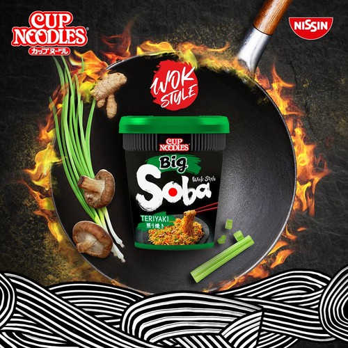Nissin Soba Big Instant Wheat Noodles with Teriyaki Seasoning Sauce.