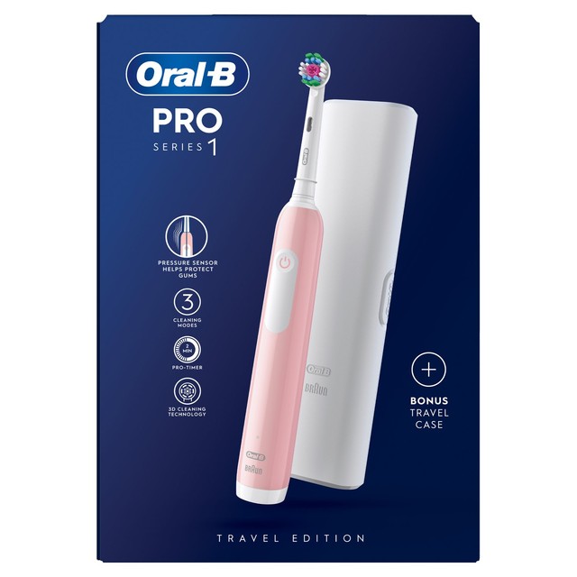 Oral-B Pro 1 3D White Pink Electric Toothbrush with Travel Case