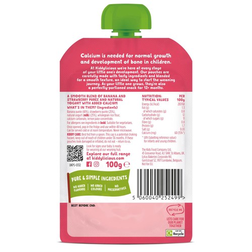 Kiddylicious Strawberry, Banana & Yoghurt Pouch Snack Baby Food 6+ months