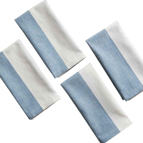 M&S Set of 4 Cotton with Linen Wide Stripe Napkins, Blue