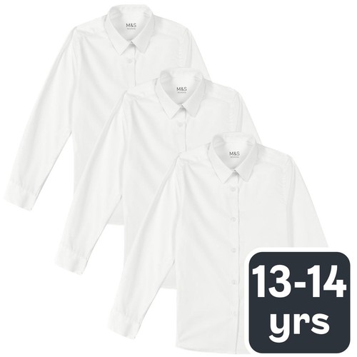 M&S Girls Slim Fit Easy Iron School Blouses, 13-14 Years, White
