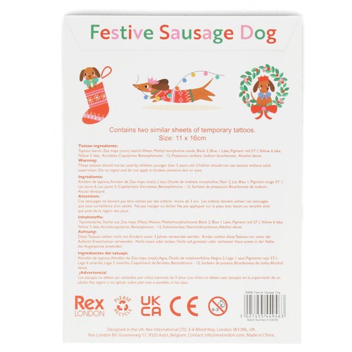 Rex London Christmas Sausage Dog Temporary Tattoos