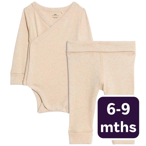 M&S Paris Wrapover Bodysuit Outfit, 6-9 Months, Oatmeal