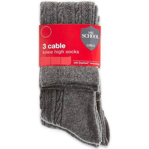 M&S Girls Cable Knee High Socks, Size  8.5-12, Grey Marl,