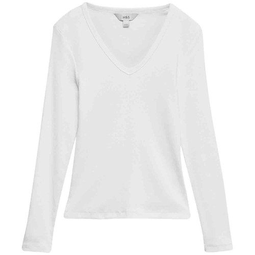 M&S Womens Cotton Rich Ribbed Plain V-Neck Slim Fit Top, 10, White