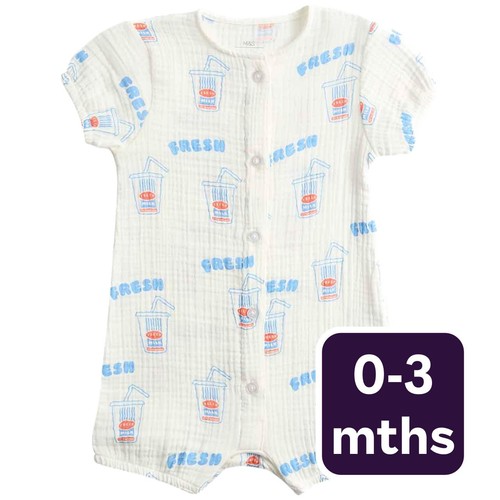 M&S Unisex Pure Cotton Milkshake Print Romper, 0-3 M, Cream