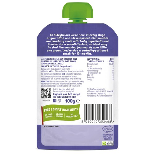 Kiddylicious Blueberry, Banana & Oat Bedtime Blend Pouch Baby Food 6m+