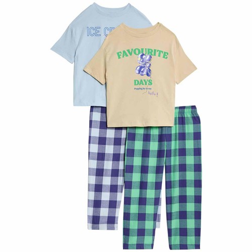 M&S Boys Pure Cotton Checked Pyjama Set, 3-4 Years, Blue