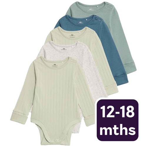 M&S Boys Cotton-Rich Rib Long Sleeve Bodysuits 12-18 Months Green Mix
