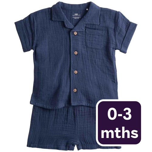 M&S Boys 2 Piece Pure Cotton Outfit, 0-3 Months, Navy