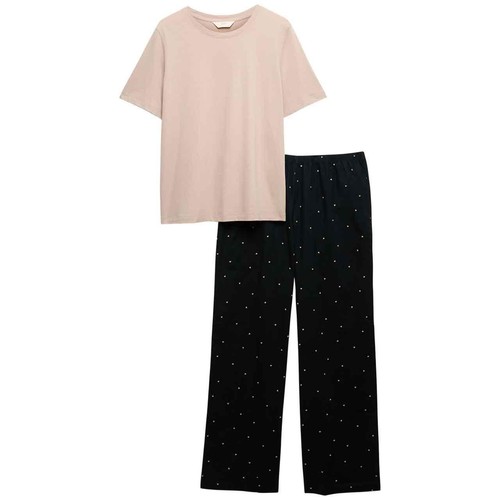 M&S Womens Pure Cotton Pyjama Set With Woven Bottoms, Small, Black Mix