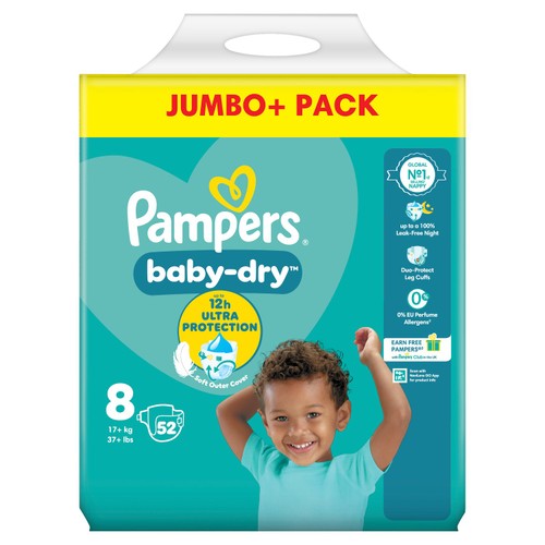 Pampers Baby-Dry Nappies, Size 8 (17kg+) Jumbo+ Pack