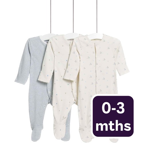 M&S Dog Popper Footed Sleepsuit, 3 Pack, 0-3 Months, Blue