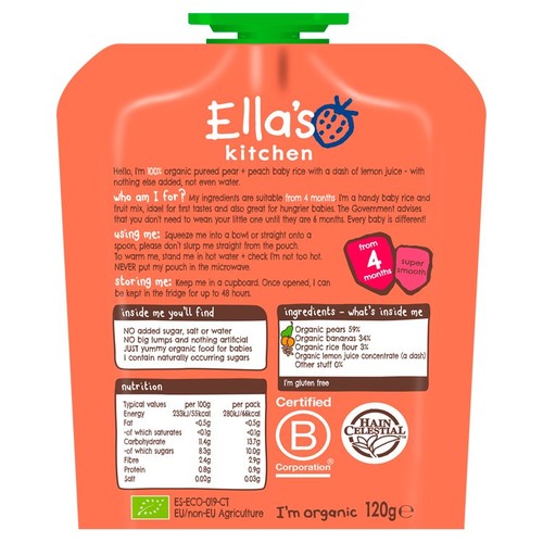 Ella's Kitchen Pear and Peach Baby Rice Baby Food Pouch 4+ Months