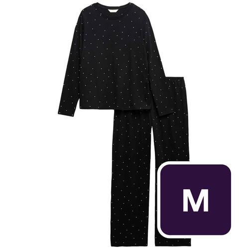 M&S Womens Pure Cotton Printed Pyjama Set, Medium, Black Mix