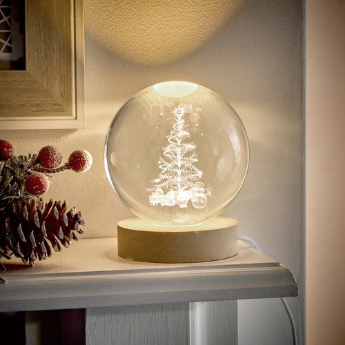 Lit Etched Glass Ball with Christmas Tree Design