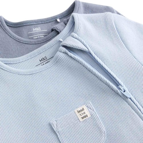 M&S Cotton Rich Ribbed Sleepsuits, 12-18 M, Blue