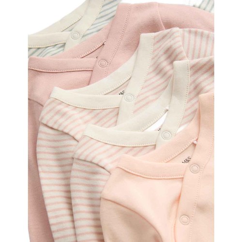M&S Girls Pure Cotton Striped Bodysuits, 2-3 Years, Blush