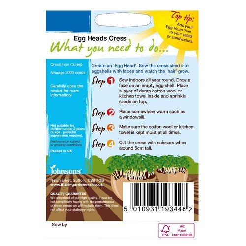 Mr Fothergills Seeds - Johnsons Little Gardeners Egg Heads Cress