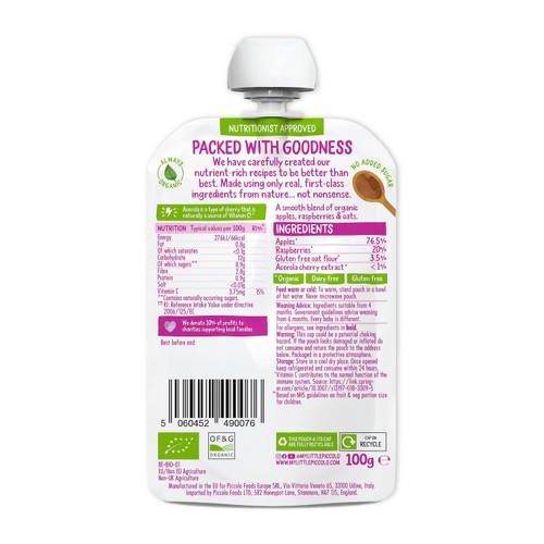 Piccolo Apple & Raspberry Organic Pouch, 6 mths+