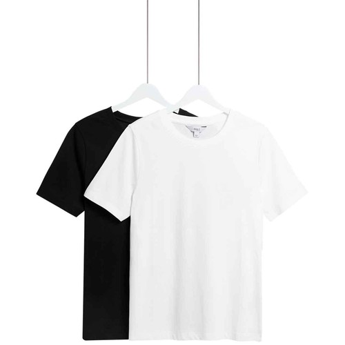 M&S Womens Pure Cotton T-Shirt, 12, Black/White