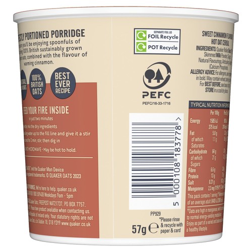Quaker Oat So Simple Sweet Cinnamon Porridge Cereal Pot