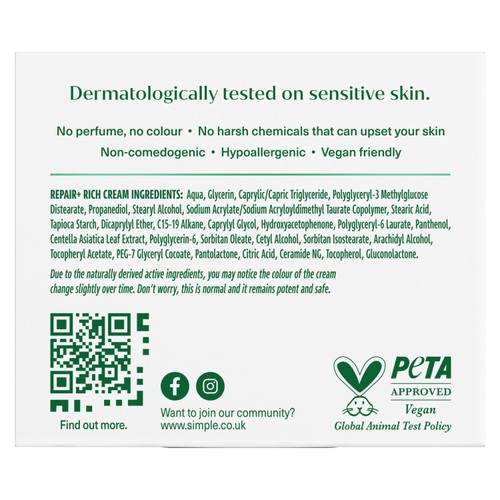 Simple Repair+ Rich Moisturiser Cream