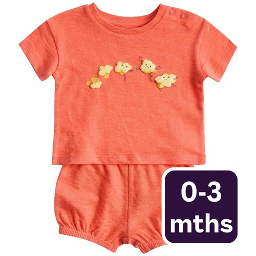 M&S Unisex 2 Piece Pure Cotton Popcorn Outfit, 0-3 M, Bright Coral
