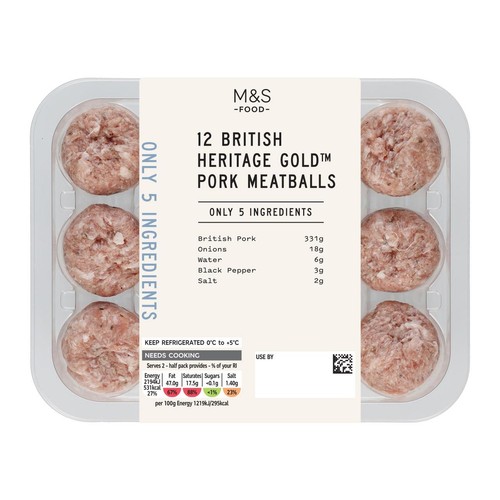 M&S Only 5 Ingredients 12 British Heritage Gold Pork Meatballs