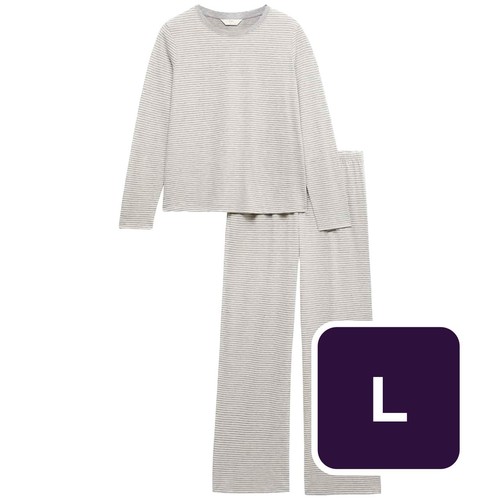M&S Womens Pure Cotton Printed Pyjama Set, L, Grey