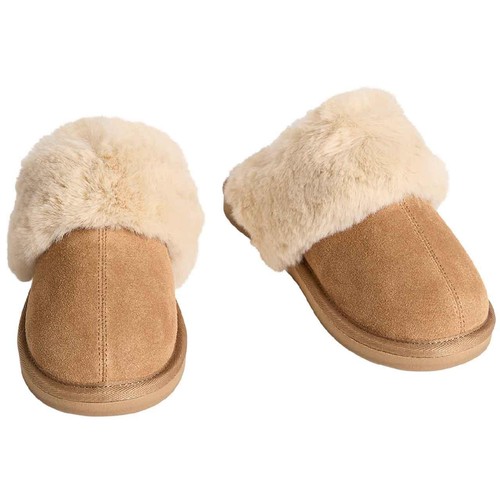 M&S Suede Faux Fur Trim Mule Slipper, Size 6, Chestnut