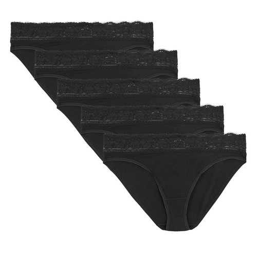 M&S Womens Collection 5 Pack Cotton Lycra & Lace Knickers, Size 12, Black