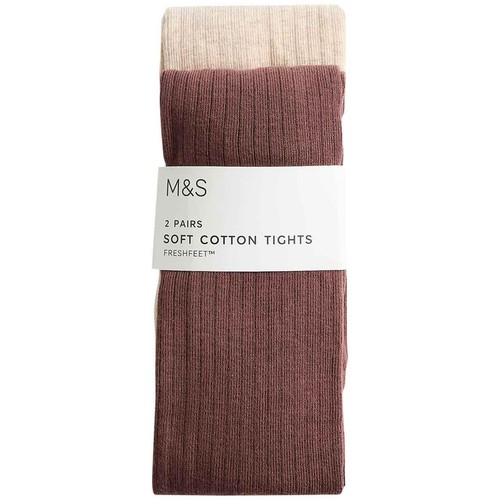 M&S Girls Cotton Rich Ribbed Tights, 4-5 Y, Neutral