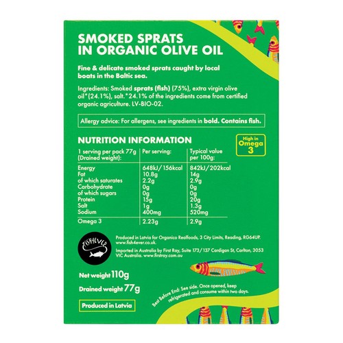 Fish 4 Ever Smoked Sprats in organic extra virgin olive oil