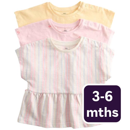 M&S Girls Pure Cotton Patterned Tops, 3-6 Months, Multi