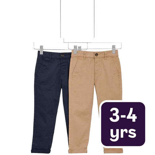 M&S Boys 2pk Cotton Rich Chinos, 3-4 Years Stone/Navy