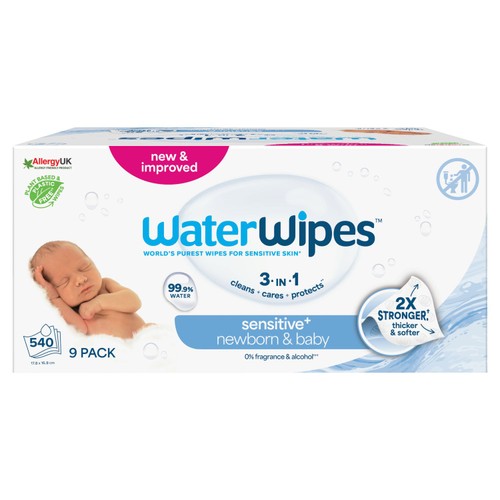 WaterWipes Baby Wipes Sensitive Newborn Plastic Free Wipes 540 Wipes 