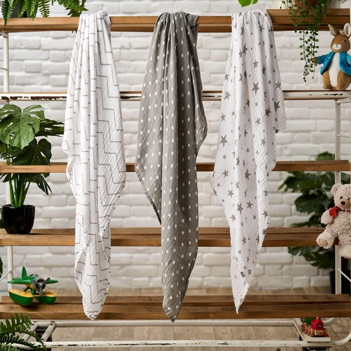 Bloomsbury Mill Organic Muslin Squares, Grey/White, 3 pack