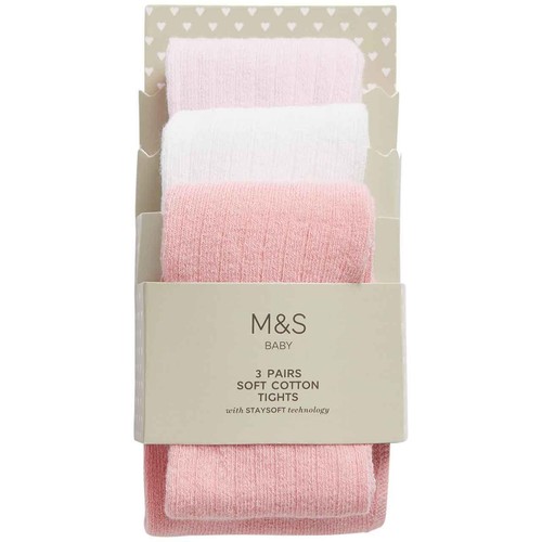 M&S Girls Cotton Rich Ribbed Tights, 0-6 Months, Light Pink, 3 Pack