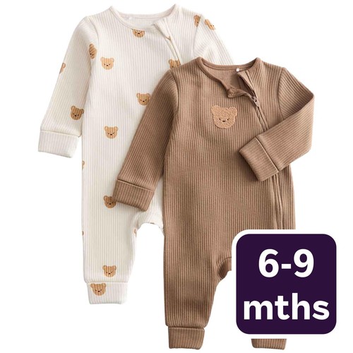 M&S Cotton Blend Bear Cosy Rib Sleepsuits, 6-9 Months, Brown